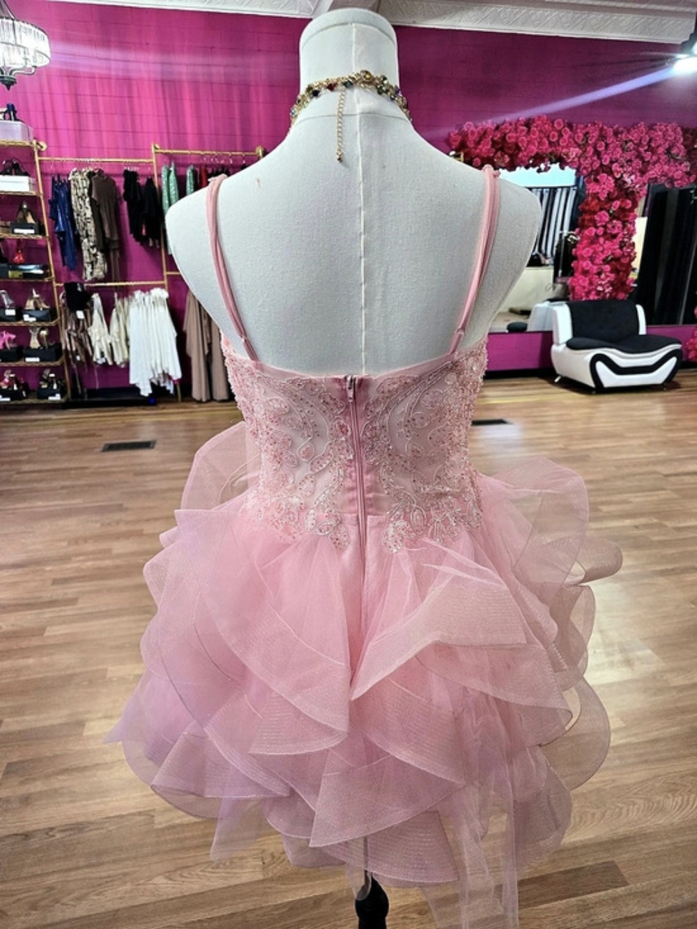 Pink Ruffled Mini Dress Like New - Picture 2 of 2